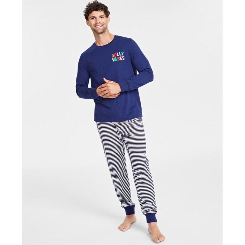 Family Pajamas Men’s Mix It Jolly Vibes Striped Pajamas Set, Navy, Size M